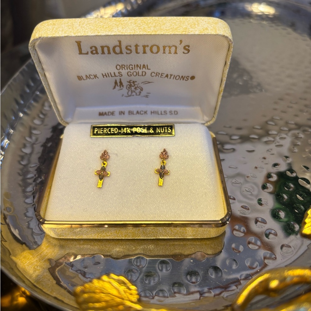 Vintage Landstrom's Black Hills Gold Cross Dangle Earrings - Picture 3 of 12